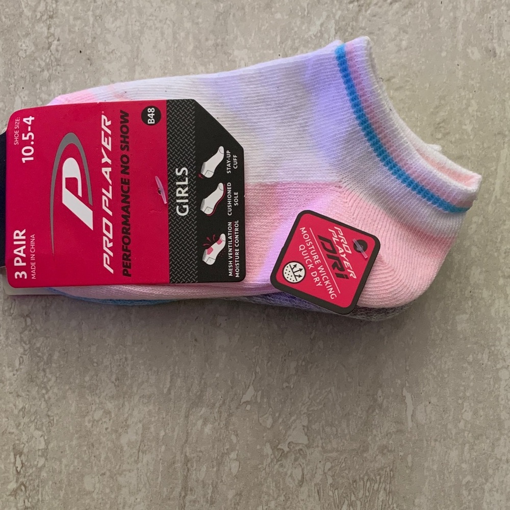 Pro Player Girls' No Show Socks - White, Pink, and Blue